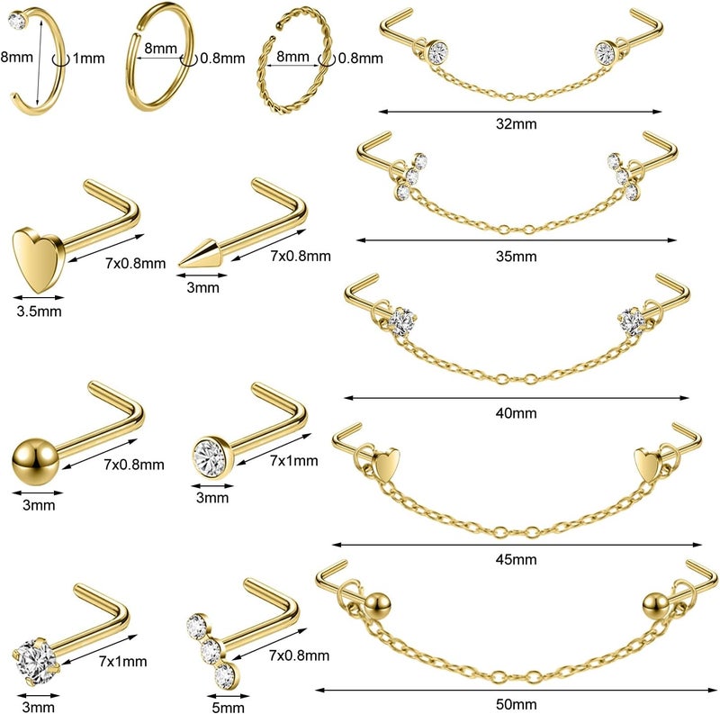 AccGin Store 20G Nose Rings Studs with Chain Piercing Across Double Nose Stud Nose Hoop Spike Heart Ball CZ Surgical Steel Nostril Piercing Jewelry for Women Men, Black Silver Gold - Image 2